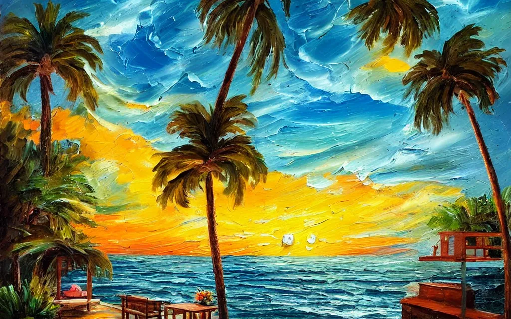 Image similar to in a sea is a tiny island with a cute cozy cottage with a terrace, a paved garden courtyard with benches and a fountain, palm trees, sunset, puffy clouds, dramatic and dynamic lighting, thick brush strokes oil impasto painting