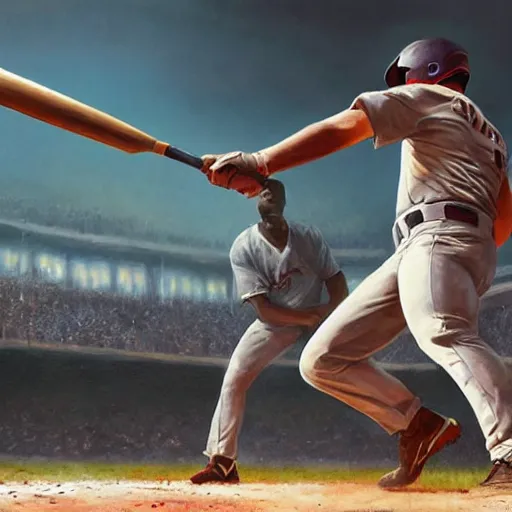 Image similar to baseball player hitting the ball with the baseball bat in the middle of the game and in front of everyone in the stadium, james gurney painting style, greg rutkowski, artstation, octane render, unreal engine 5