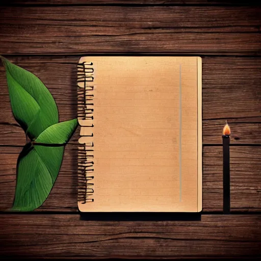 Image similar to old notebook on a wooden table, dim candle light, photorealistic, high details