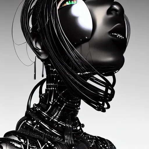 Prompt: portrait of an absurdly beautiful, graceful, sophisticated, fashionable black cyberpunk mechanoid gravure idol, hyperdetailed illustration by irakli nadar, adut akech, matt wisniewski style, intricate linework, dark black skin, box jellyfish headdress, unreal engine 5 highly rendered, global illumination, red light, detailed and intricate environment