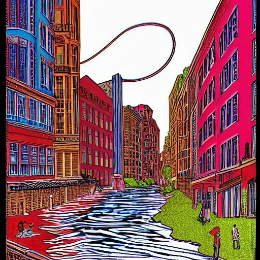 Image similar to water flowing through the streets in brooklyn, color, front view, drawing by moebius