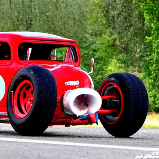 Image similar to a racing snail with a big v8 engine coming out of its shell, hot rod, big off road tyres