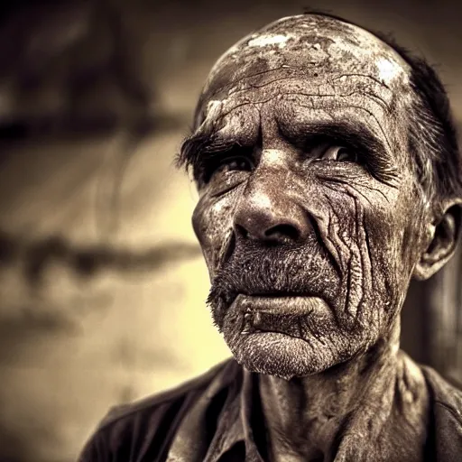 Image similar to A beautiful high quality portrait photo of an old puruvian mine worker with wrinkles, dirty face, helmet, by Steve McCurry, dramatic lighting and colors
