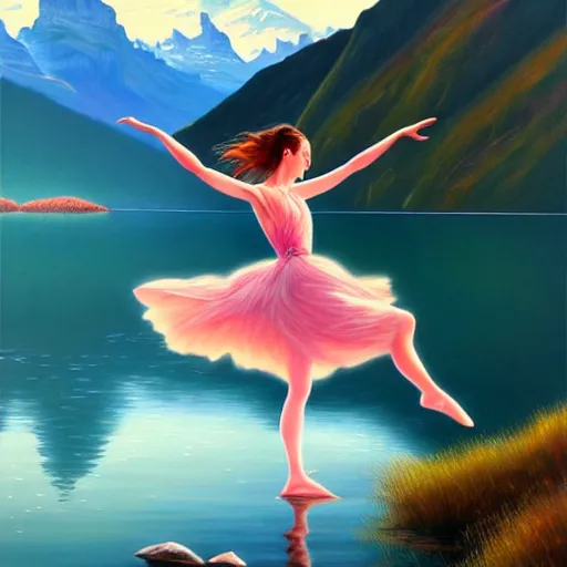 Image similar to a painting of a young woman dancing in front of a beautiful lake in switzerland, mountains on the background, high quality oil painting artstyle, feminine, delicate, hyperdetailed, in the style of artgerm, deviantart, figurative art, deviantart, ilya kuvshinov, lovecraftian