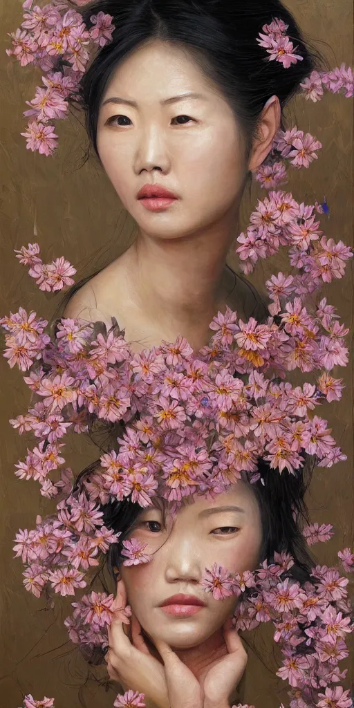 Image similar to very beautiful highly detailed and expressive oil painting of an asian woman's face dissolving into petals and flowers, masterpiece, dynamic lighting, intricate linework, 8 k, flowers