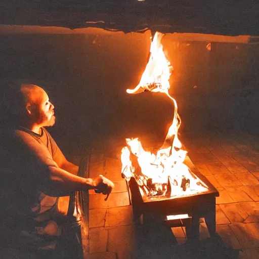 Image similar to a photograph of a big fire on a dining room on fire, only remains a wooden table and a chair (no fire at all there), an human-like relaxed dog sitting at this table, ☕ on the table, surrounded by flames, a lot of flames behind the dog, black smoke instead of the ceiling, no watermark