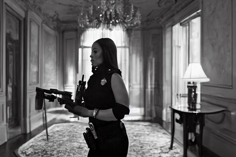 Image similar to cinematography closeup portrait of a beautiful lady cop talking to her shoulder radio in an decadent mansion foyer by Emmanuel Lubezki