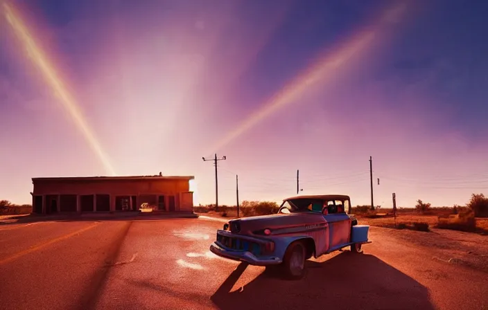 Image similar to a sunset light landscape with historical route 6 6, lots of sparkling details and sun ray ’ s, blinding backlight, smoke, volumetric lighting, colorful, octane, 3 5 mm, abandoned gas station, old rusty pickup - truck, beautiful epic colored reflections, very colorful heavenly, softlight