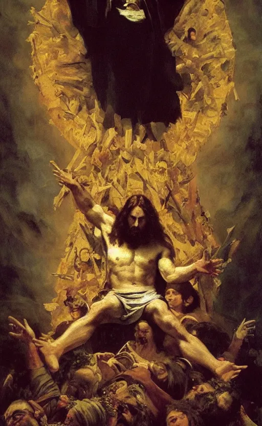 Image similar to evil jesus holding cornucopia!!!!!!!!! 1 sitting on a huge!!!! throne of entwined bodies, elegant, ominous, highly detailed painting by goya!!! phil hale!! gaston bussiere, craig mullins, j. c. leyendecker, 8 k, mid shot