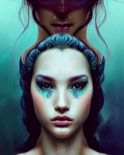 Image similar to ( ( ( portrait of mermaid ) ) ), zoom, rule of thirds, intricate, attractive, symmetrical!!, makeup, loreal, maybelline, sephora, loreal, artstation, art by greg rutkowski and gonzalo ordonez arias, and artgerm, filmic, vsco, moody, gotham, concept art, cg society,