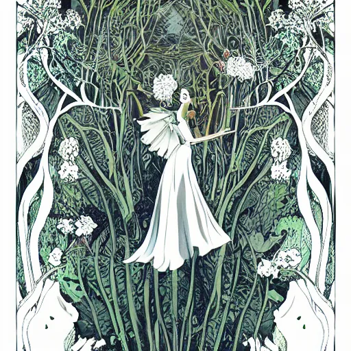 Image similar to elegant woman, white dress, dense jungle, trees, huge flowers, risograph!, omnious, dark, oldschool vintage sci - fi flat surreal design, super - detailed, art nouveau, hd, 4 k, high quality