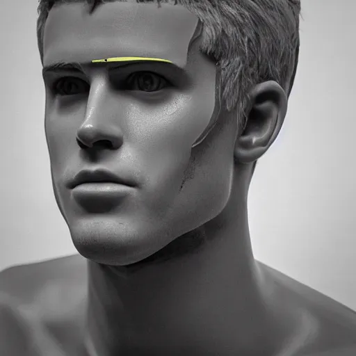 Image similar to “a realistic detailed photo of a guy who is an attractive humanoid who is half robot and half humanoid, who is a male android, actor Liam Hemsworth, shiny skin, posing like a statue, blank stare, at the museum, on display”