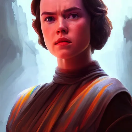 Image similar to daisy ridley ( star wars ), colorful oil painting, unreal 5, daz, hyperrealistic, octane render, rpg portrait, dynamic lighting, fantasy art, beautiful face