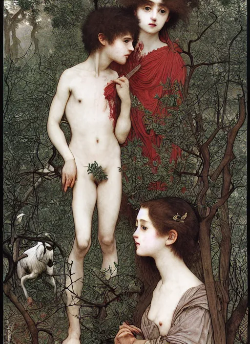 Image similar to boy and girl and a goat in a deep bloody thorns bones forest, by Vania Zouravliov, william-adolphe bouguereau and Takato Yamamoto, high resolution