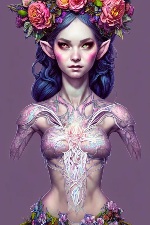 Image similar to digital art, centered full body elven bride, vivid flower crown ,intricate, veins, by James Jean and by artgerm, by ross tran , ultradetailed, charachter design, concept art, trending on artstation,