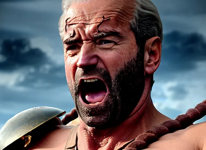 Image similar to cinematic film still of joe biden as leonidas shouting in 3 0 0 movie, 8 k, epic moody sky, dramatic lighting