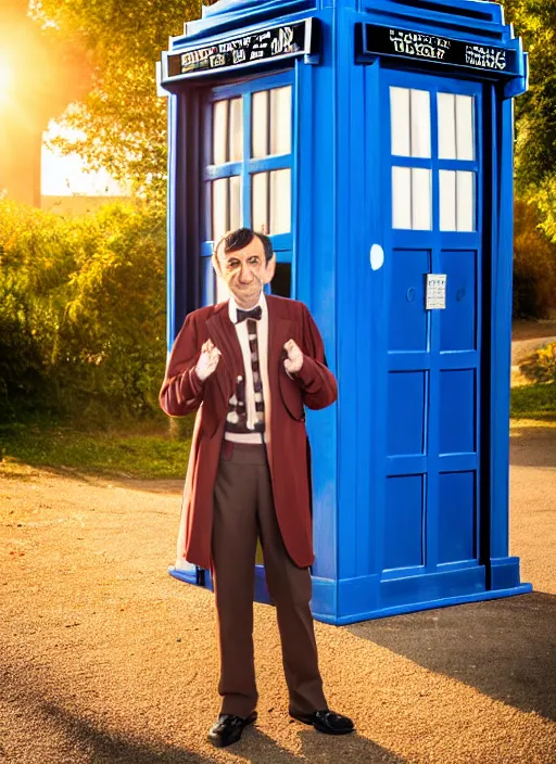 Prompt: dslr photo portrait still of mr bean as doctor who in front of the tardis at sunset, 8 k, 8 5 mm f 1. 4