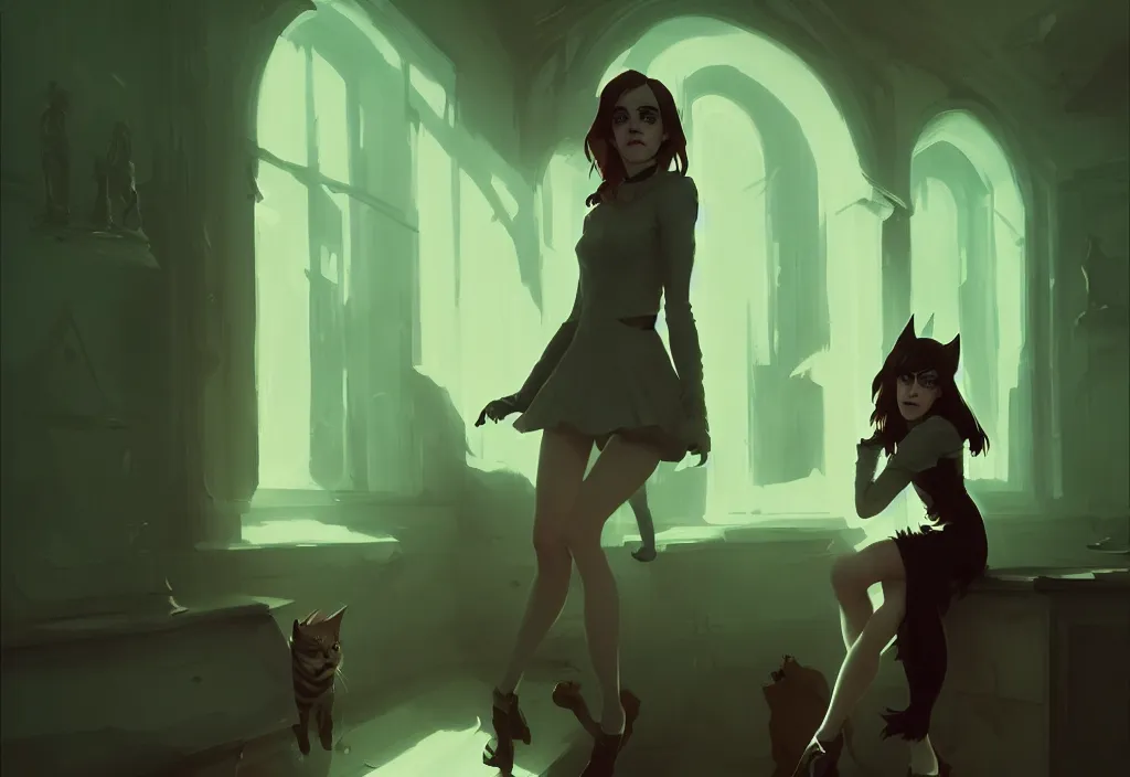 Prompt: emma watson as evil catgirl in the oval cabinet, fantasy, by atey ghailan, by greg rutkowski, by greg tocchini, by james gilleard, by joe gb fenton, dynamic lighting, gradient light green, brown, blonde cream, salad and white colors in scheme, grunge aesthetic