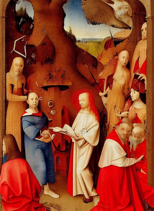 Image similar to fallen angels dressed in red reading the bible and arguing in Tuscany by Jan van Eyck, Hieronymus Bosch, 4k post-processing, highly detailed medieval painting