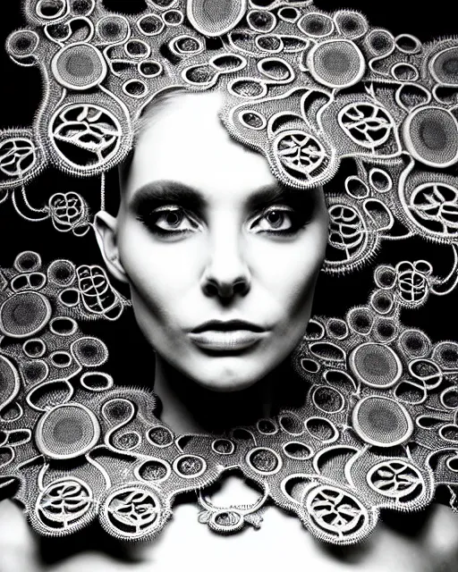 Image similar to surreal black and white photo portrait of complex bio-mechanical beautiful young female vegetal-cyborg with a Mandelbrot fractal steampunk metal fine lace face, curled silver hair and a fine metal floral foliage super big lace collar by Alexander McQueen:: high fashion, haute couture, rococo, steampunk, silver filigree details, anatomical, facial muscles, cable wires, microchip, elegant, hyper realistic, 150 mm lens, soft rim light, octane render, unreal engine, volumetric lighting, 8k,