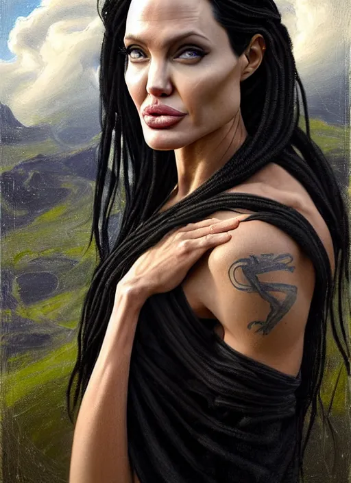 Prompt: angelina jolie with muscular physique appearance with black braided hair as a greek goddess, muscular upper body, countryside, calm, fantasy character portrait, dynamic pose, above view, sunny day, thunder clouds in the sky, artwork by jeremy lipkin and giuseppe dangelico pino very coherent asymmetrical artwork, sharp edges, perfect face, simple form, 1 0 0 mm