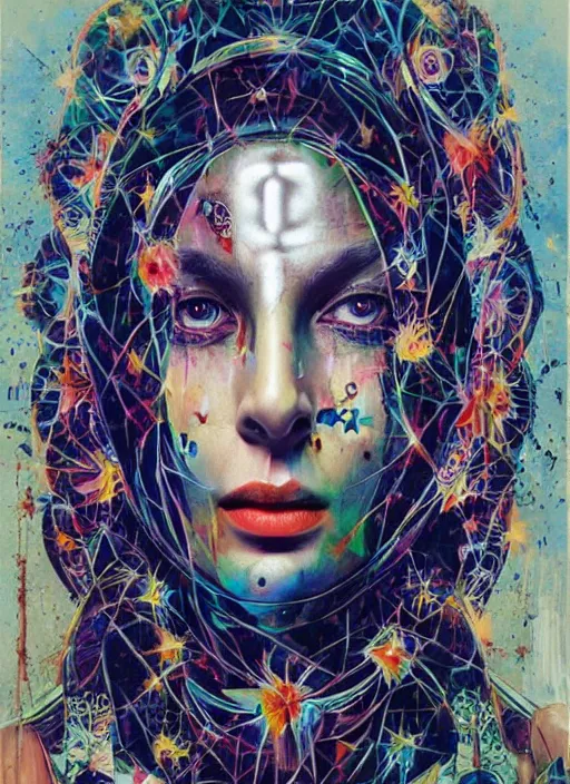 Image similar to gorgeous magic cult psychic woman smiling, third eye, subjective consciousness psychedelic, epic surrealism expressionism symbolism, story telling, iconic, dark robed, oil painting, symmetrical face, dark myth mythos, by Sandra Chevrier, Noriyoshi Ohrai masterpiece