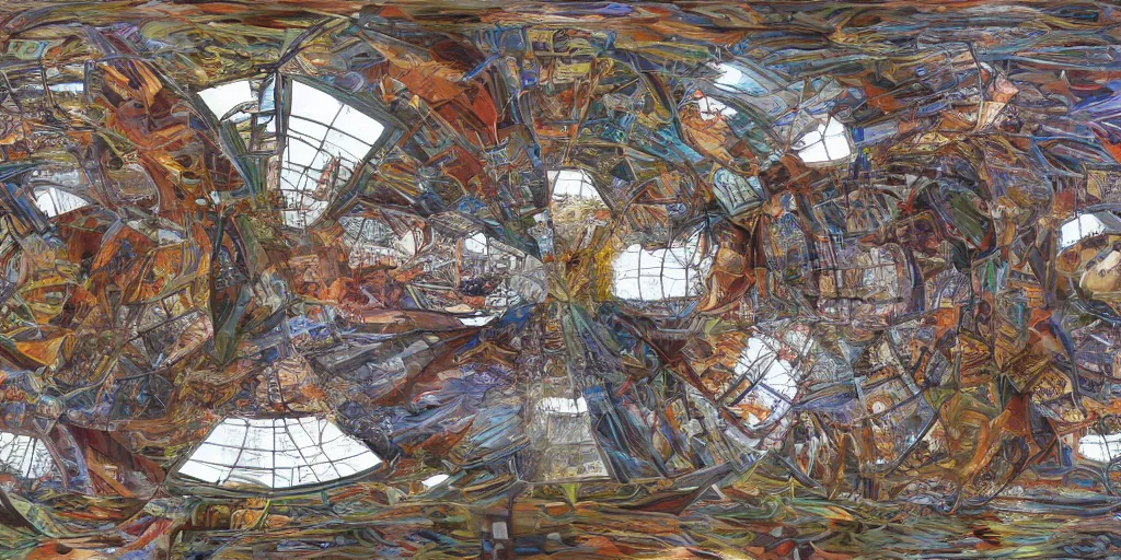 Image similar to three point perspective, 3 6 0 panorama escher style pattern of colorful faces with the texture of old rust