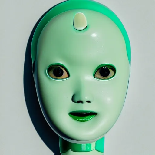 Image similar to minimalist photography portrait of a female porcelain robot with a tiny mouth, no lips, symmetrical, super close up, mid thirties, cute round green slanted eyes, porcelain skin, wide nostrils, chubby cheeks, high flat eyebrows, ethereal essence, angelic, leica 1 0 0 mm f 0. 8