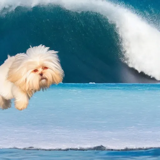 Prompt: a cream-colored havanese dog big wave surfing, gopro photo, 4k
