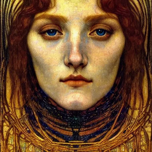 Image similar to detailed realistic beautiful young medieval queen face portrait by jean delville, gustav klimt and vincent van gogh, art nouveau, symbolist, visionary, gothic, pre - raphaelite