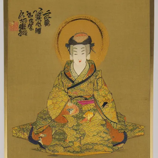 Image similar to a golden baby seal deity, radiating golden light, wearing royal kimono, Japanese ink drawing from 1850