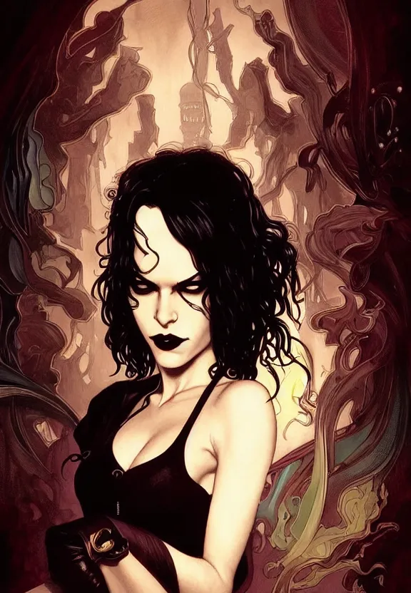 Image similar to perky character death from comic book the sandman in a small 5 0 ’ s style diner, fantasy magic, dark light night, intricate, elegant, sharp focus, illustration, highly detailed, digital painting, concept art, matte, art by wlop and artgerm and greg rutkowski and alphonse mucha, masterpiece