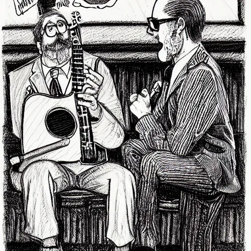 Prompt: The Artwork of R. Crumb and his Cheap Suit Serenaders, pencil and colored marker artwork, trailer-trash lifestyle