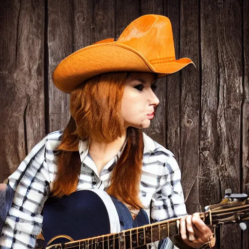 Image similar to a female fox animal, wearing cowboy hat, wearing plaid shirt, playing guitar, inside a barn, album cover style