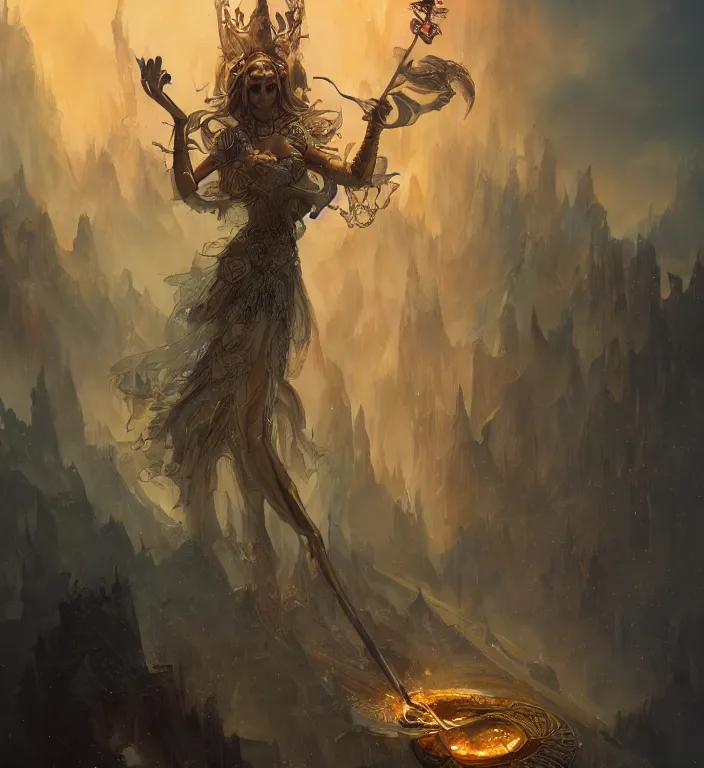 Image similar to full body illustration of a goddess, tarot card, dark souls colour scheme, establishing shot, coherent, high detailed, kerem beyit, Karol Bak, peter mohrbacher featured on artstation