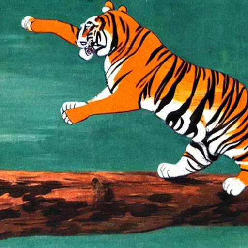 Prompt: a mighty tiger jumping over a wooden log that is above splashing water, Chinese Art