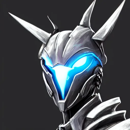 Prompt: bust shot of a cute stunning robot anthropomorphic female dragon, with sleek silver armor, a black OLED visor over the eyes, highly detailed digital art, furry art, anthro art, sci fi, warframe art, destiny art, high quality, 3D realistic, Furaffinity, Deviantart