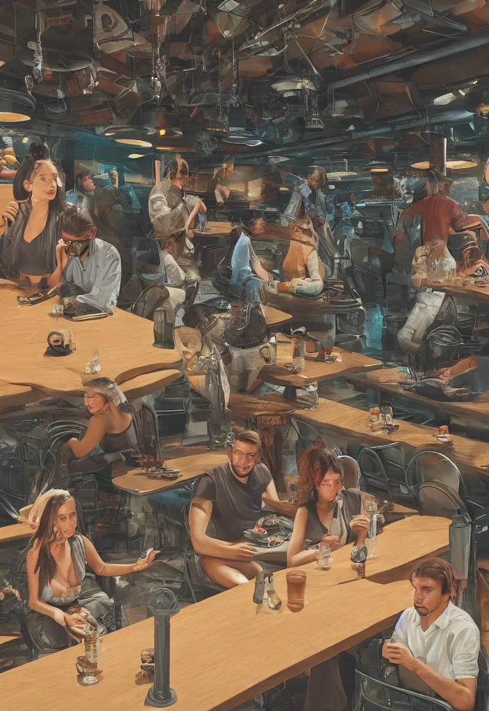 Image similar to men lost hope being looked by a girl from far away, futuristic cantina, sitting, men alone :: ultrarealistic, detailed, sharpen, 8k