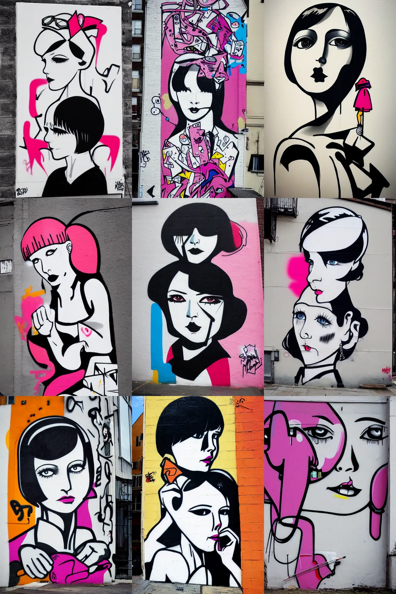 Prompt: graffiti of 2 2 year old mary louise brooks, concept graffiti street art, bright colours, mcbess