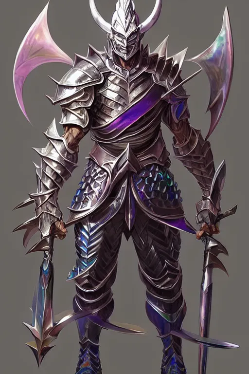 Image similar to Full body character concept art of an anime draconian warrior knight, iridescent scales, cool face, muscular, by Stanley Artgerm Lau, WLOP, Rossdraws, James Jean, Andrei Riabovitchev, Marc Simonetti, and Sakimichan, tranding on artstation