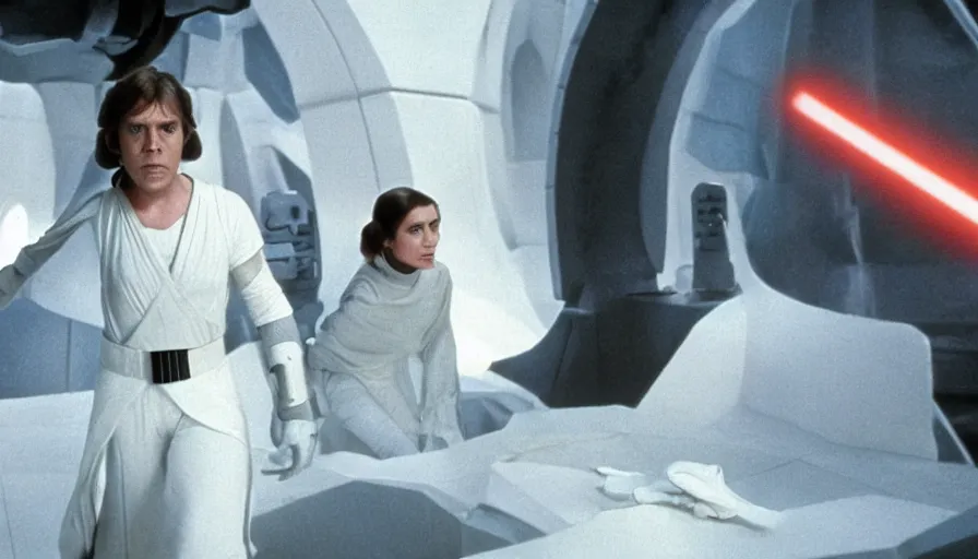 Image similar to screenshot of Luke Skywalker and Princess Leia, facing off against an incredibly haunting female sith lord in white, on a sith planet of purple magic maelstrom, iconic scene from the 1970s sci fi thriller film directed by Stanley Kubrick, moody cinematography, hyper-detailed, sharp, anamorphic lenses, kodak color stock, 4k, stunning