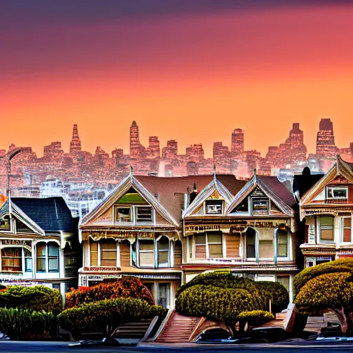 Image similar to a photograph of the painted ladies in san francisco at sunset with bokeh effect high definition