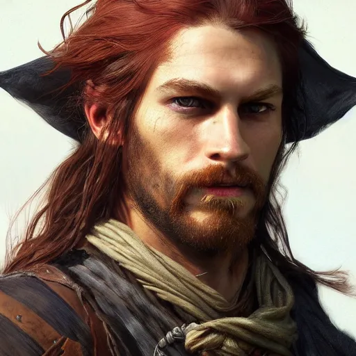 Image similar to portrait of a young rugged pirate, male, masculine, upper body, red hair, long hair, soft hair, D&D, fantasy, intricate, elegant, highly detailed, digital painting, artstation, concept art, matte, sharp focus, illustration, art by Artgerm and Greg Rutkowski and Alphonse Mucha