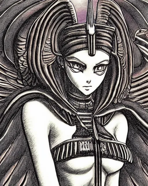 Image similar to sphinx black cat wearing egyptian clothes, artwork by kentaro miura, pharaoh cat, kentaro miura art