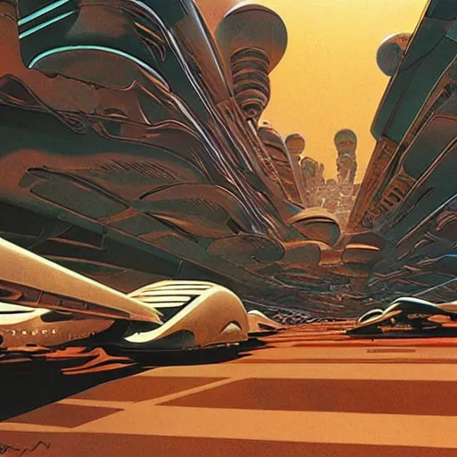 Prompt: martian city, otherwordly, by syd mead