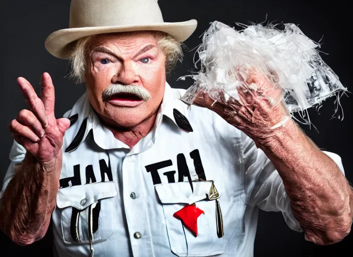 Image similar to photo still of rip taylor at a drug bust!!!!!!!! at age 5 4 years old 5 4 years of age!!!!!!! throwing confetti from a bucket, 8 k, 8 5 mm f 1. 8, studio lighting, rim light, right side key light