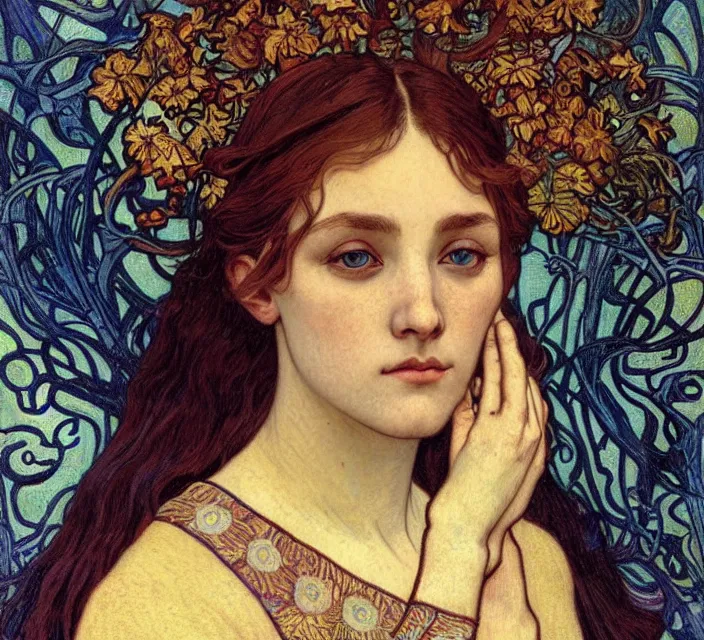 Image similar to detailed realistic beautiful young medieval queen face portrait by jean delville, alphonse mucha, vincent van gogh, and marco mazzoni, art nouveau, symbolist, visionary, gothic, pre - raphaelite