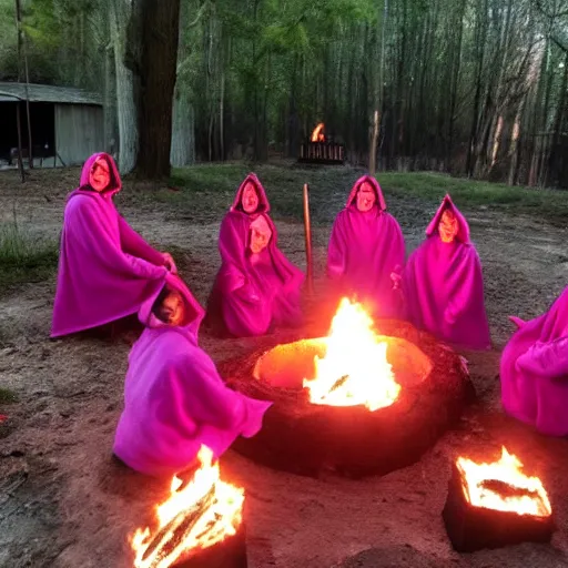 Prompt: a cult of pink cloak wearing kittens summon a fire goddess from the depths of a raging fire pit, flames are emerging from fissures in the ground.