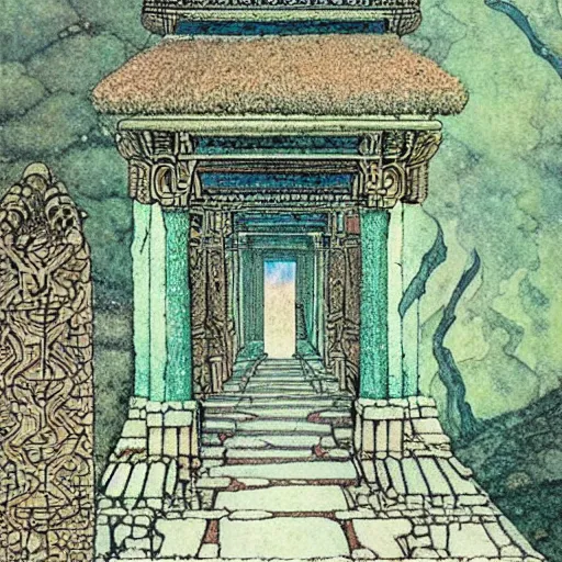 Image similar to highly detailed illustration of an ancient temple filled with magical energy by edmund dulac and android jones, scans from museum collection, opical illusion, mind blowing, strange