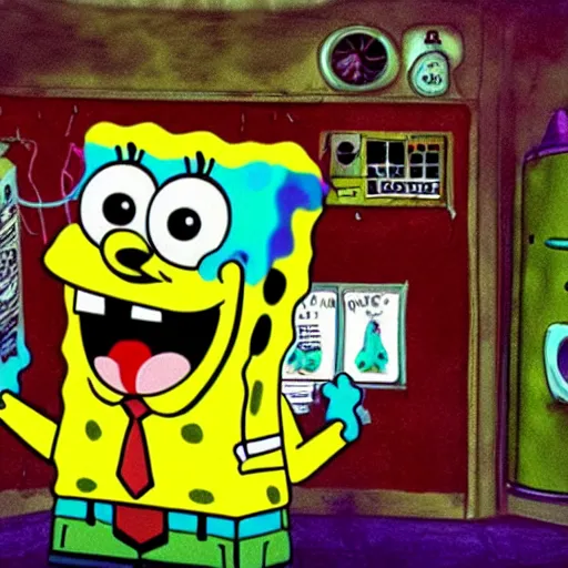 Prompt: spongebob real life in a scary boiler room, ultra realistic photograph